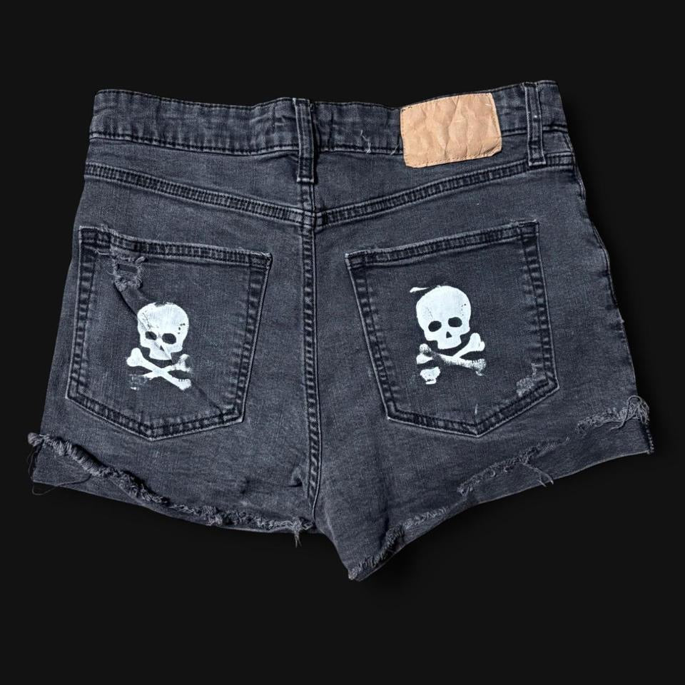 denim skull x cheetah print shorts