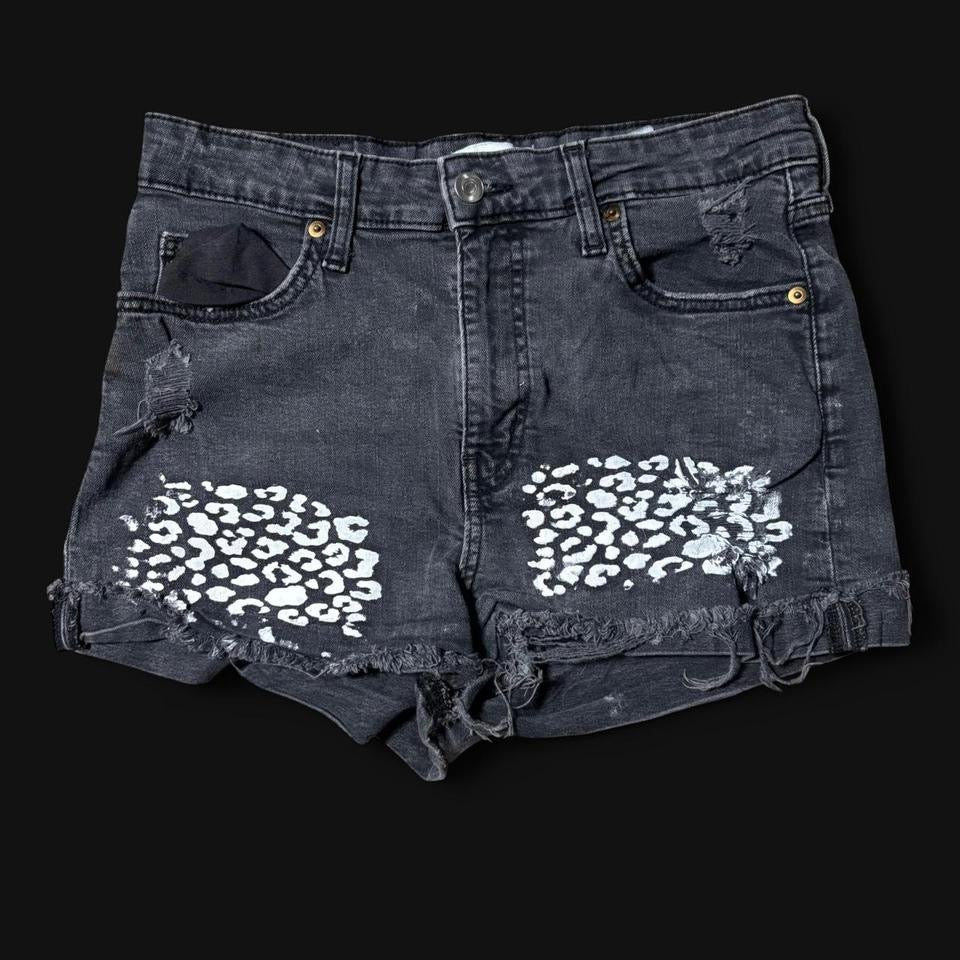denim skull x cheetah print shorts