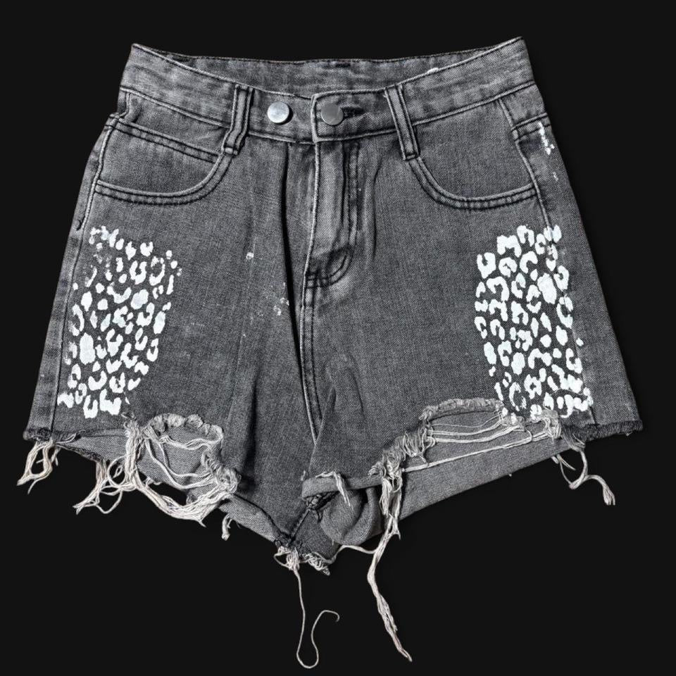 denim skulls x cheetah print shorts